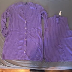 Purple Ribbed Cardigan and Sleeveless Top Set